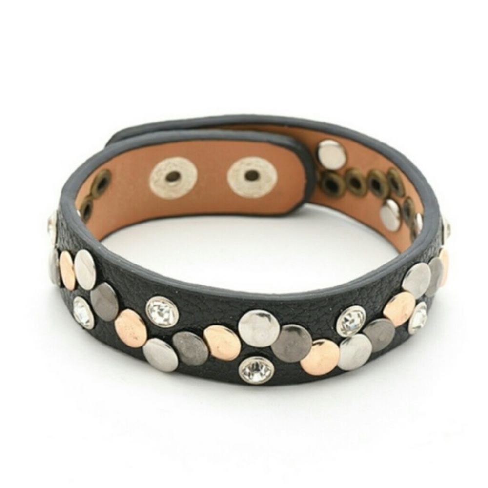 BLACK rhinestone and studded leather snap bracelet adjustable